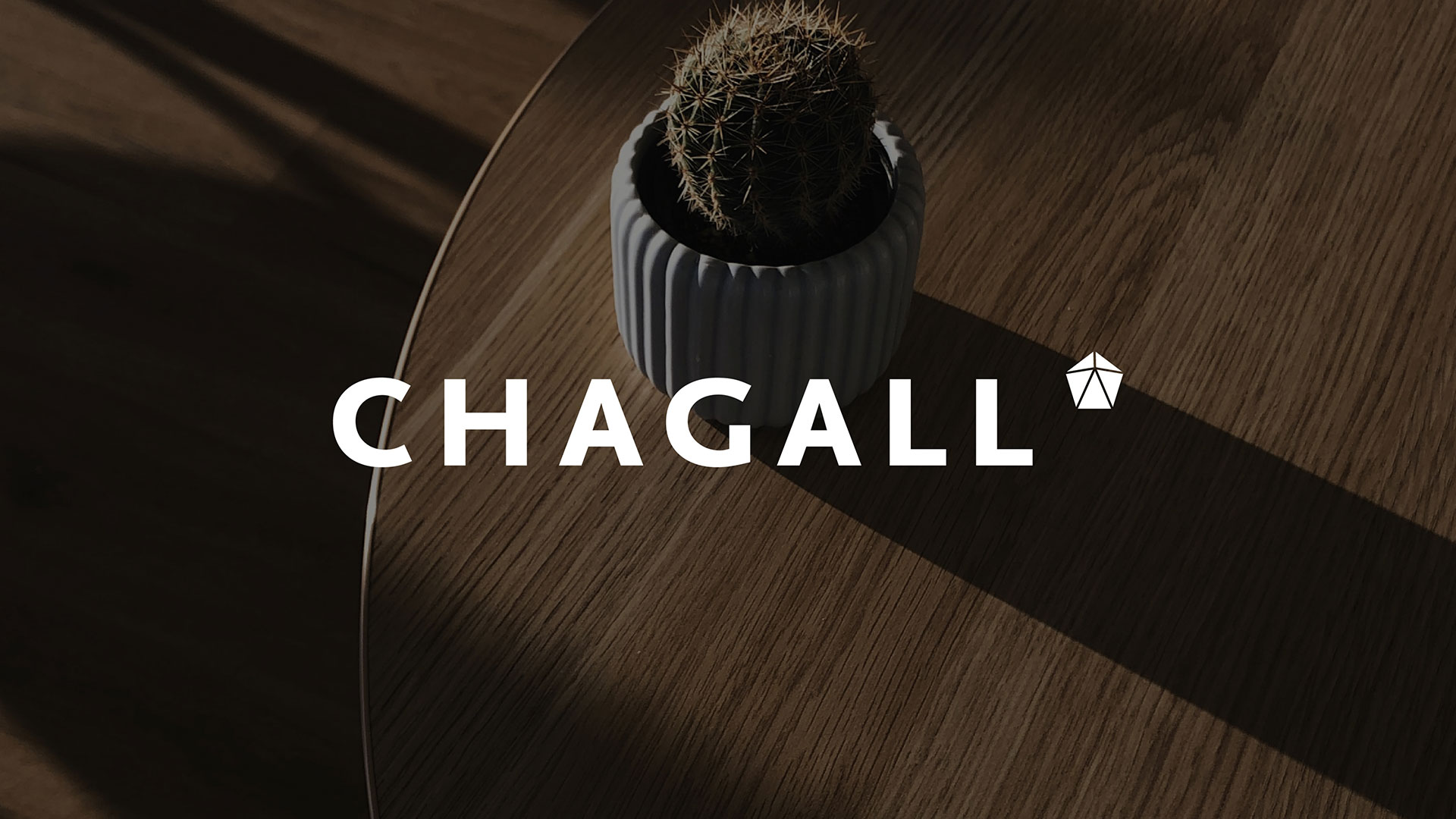 Logo chagall blanc par dessus une table en bois avec un cactus